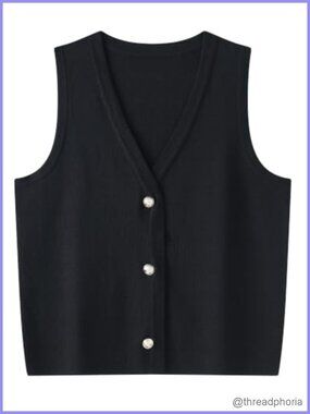 Women's Striped V-Neck Knit Sweater Vest Sleeveless Button Front